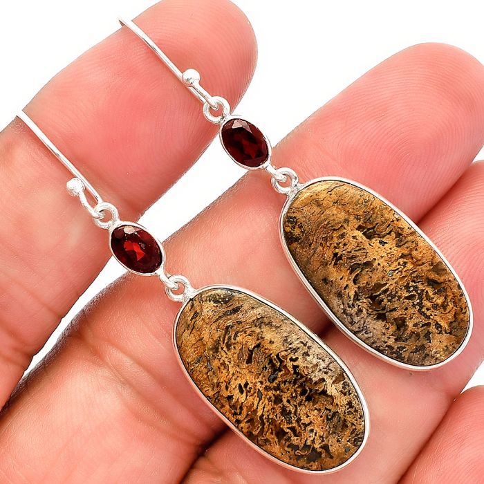 Palm Root Fossil Agate and Garnet Earrings SDE82199 E-1002, 13x24 mm