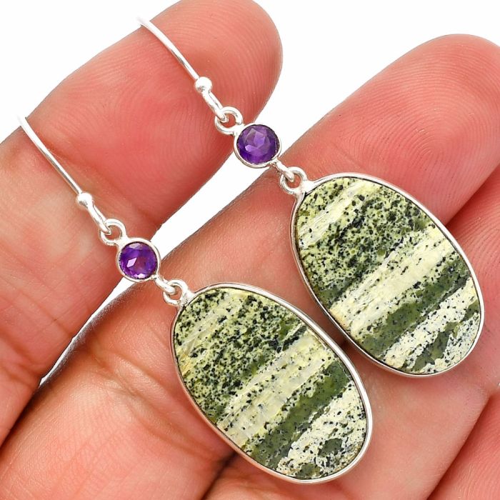 Natural Chrysotile and Amethyst Earrings SDE82379 E-1002, 14x23 mm