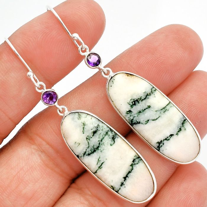 Tree Weed Moss Agate and Amethyst Earrings SDE82395 E-1002, 12x30 mm