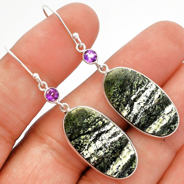 Natural Chrysotile and Amethyst Earrings SDE82432 E-1002, 13x25 mm