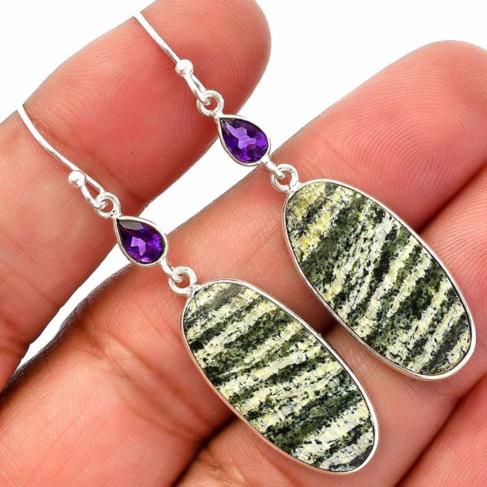 Natural Chrysotile and Amethyst Earrings SDE82606 E-1002, 12x24 mm
