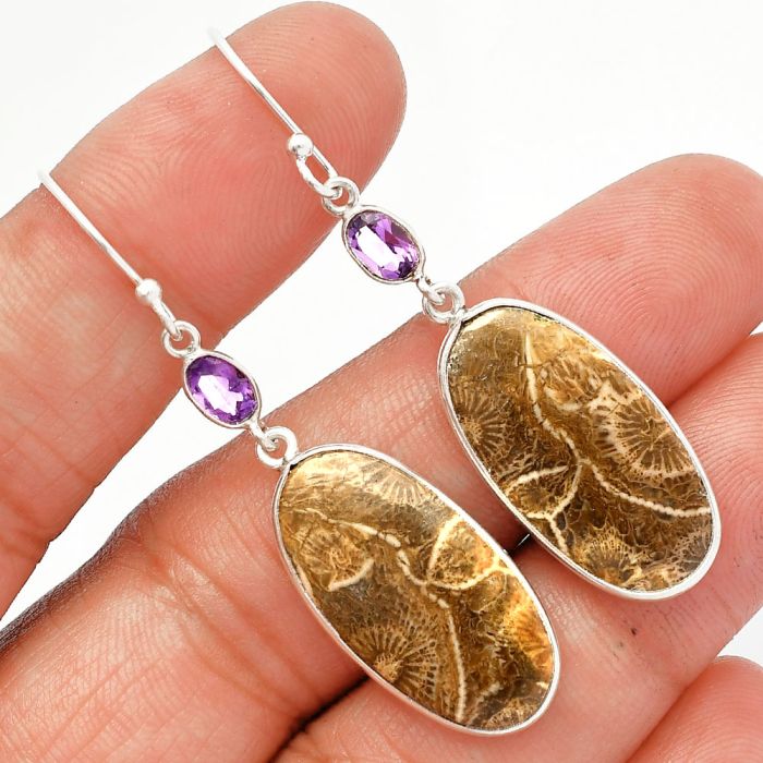 Flower Fossil Coral and Amethyst Earrings SDE82683 E-1002, 12x24 mm
