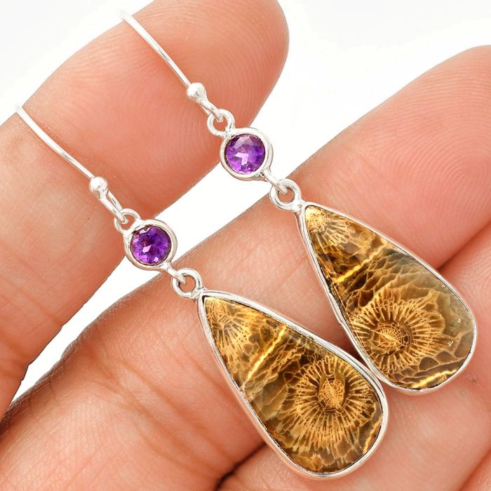 Flower Fossil Coral and Amethyst Earrings SDE83336 E-1002, 11x22 mm