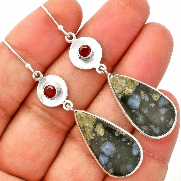 Llanite Blue Opal Crystal Sphere and Garnet Earrings SDE83866 E-1081, 14x26 mm