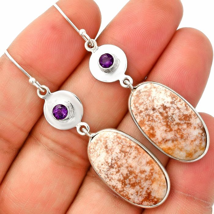 Red Moss Agate and Amethyst Earrings SDE83869 E-1081, 14x24 mm