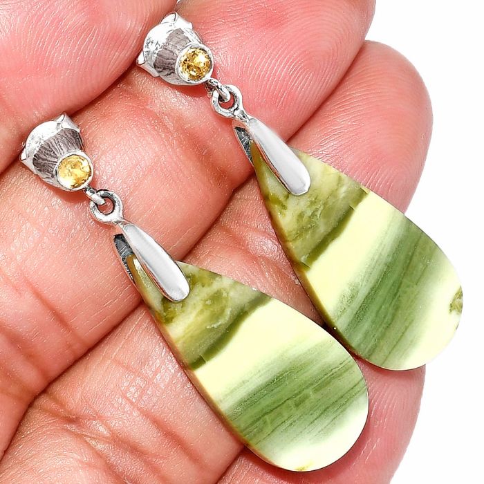Natural Serpentine and Citrine Earrings SDE84631 E-1120, 12x28 mm