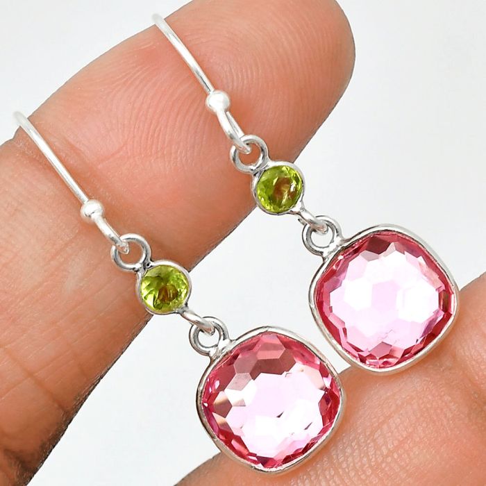 Lab Created Pink Morganite Checker Briolette and Peridot Earrings SDE85069 E-1006, 10x10 mm