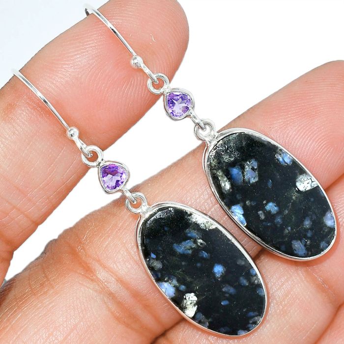 Llanite Blue Opal Crystal Sphere and Amethyst Earrings SDE85476 E-1002, 13x24 mm