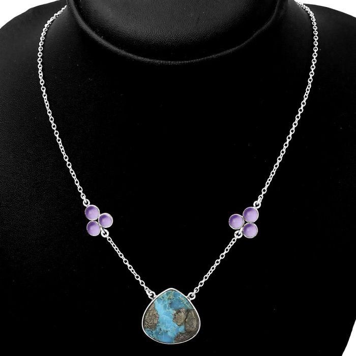 Kingman Turquoise With Pyrite & Amethyst Necklace SDN1313 N-1002, 20x20 mm
