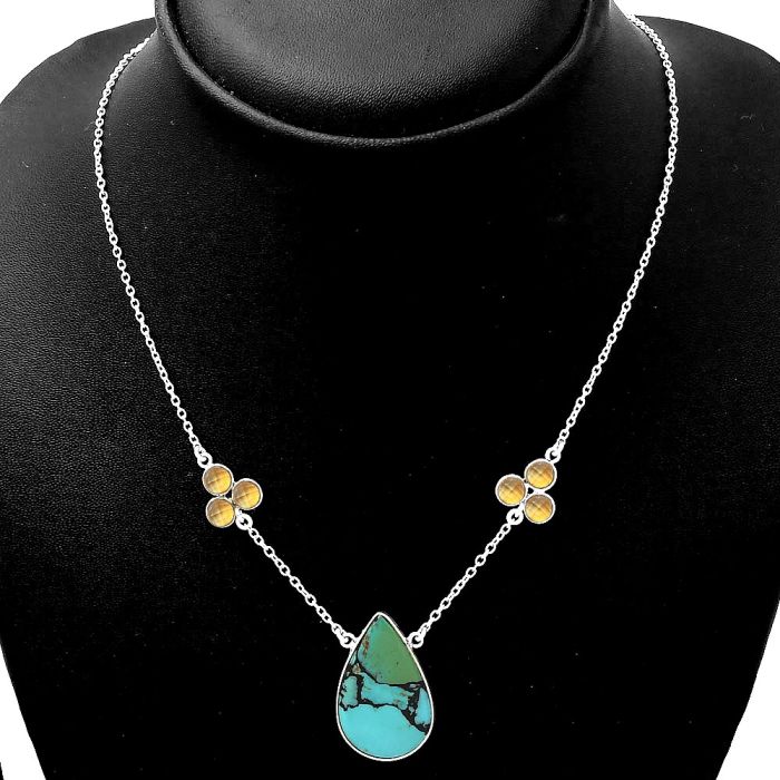 Natural Lucky Charm Tibetan Turquoise & Citrine Necklace SDN1348 N-1002, 17x26 mm