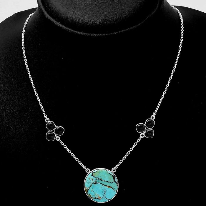 Lucky Charm Tibetan Turquoise & Black Onyx Necklace SDN1357 N-1002, 21x21 mm