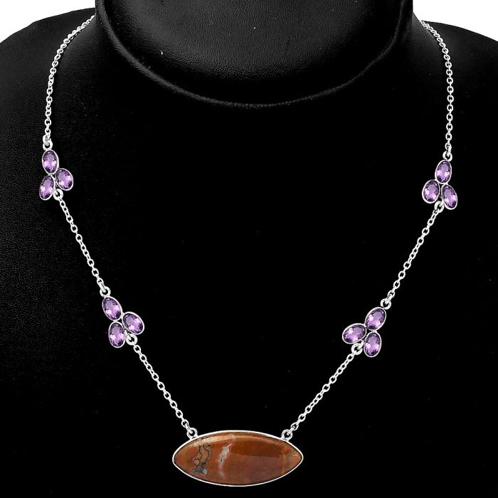 Natural Red Moss Agate & Amethyst Necklace SDN1403 N-1004, 14x32 mm