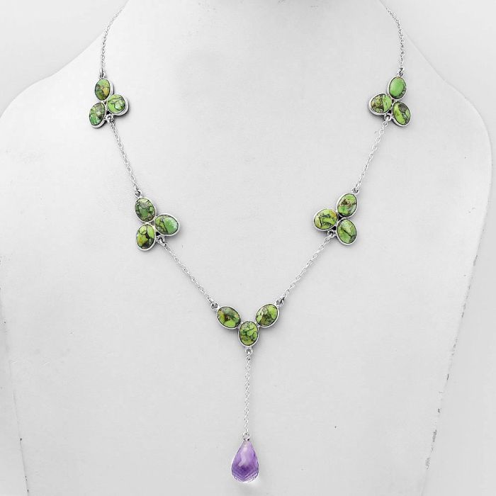 Faceted Amethyst Drop & Green Matrix Turquoise Necklace SDN1447 N-1005, 9x14 mm