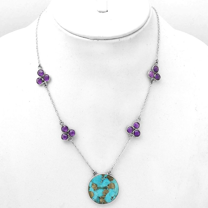 Kingman Turquoise With Pyrite & Amethyst Necklace SDN1573 N-1004, 21x21 mm