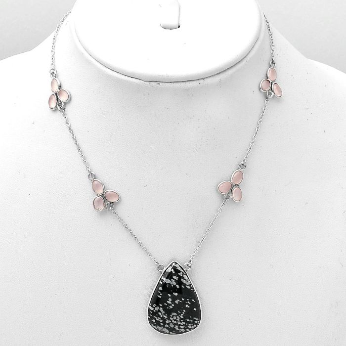 Snow Flake Obsidian & Rose Quartz Necklace SDN1584 N-1004, 20x29 mm