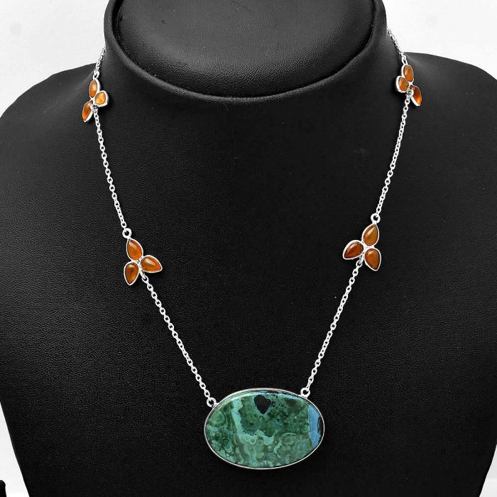 Azurite In Malachite and Carnelian Necklace SDN1655 N-1004, 22x32 mm