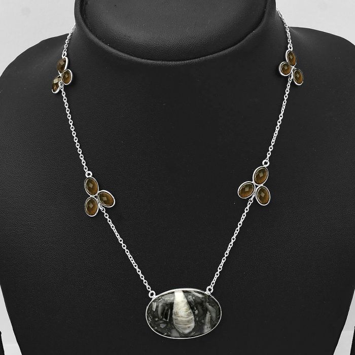 Mexican Cabbing Fossil and Smoky Quartz Necklace SDN1666 N-1004, 18x29 mm
