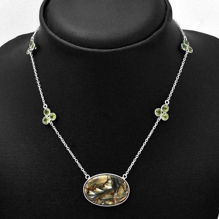 Copper Abalone Shell and Peridot Necklace SDN1681 N-1004, 18x26 mm