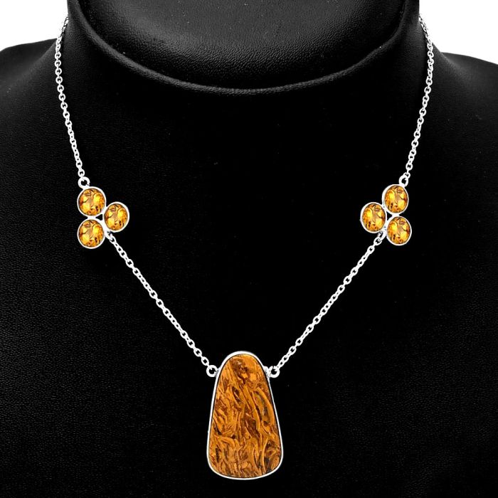 Coquina Fossil Jasper and Citrine Necklace SDN1691 N-1002, 16x27 mm
