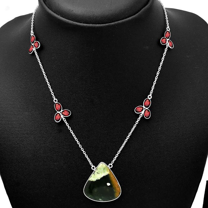 Chrome Chalcedony and Garnet Necklace SDN1704 N-1004, 24x25 mm