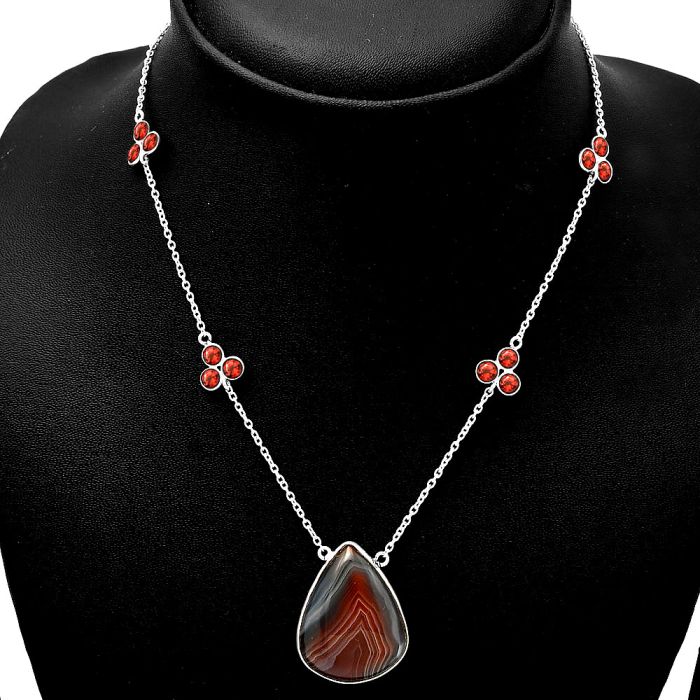 Lake Superior Agate and Garnet Necklace SDN1714 N-1004, 20x27 mm