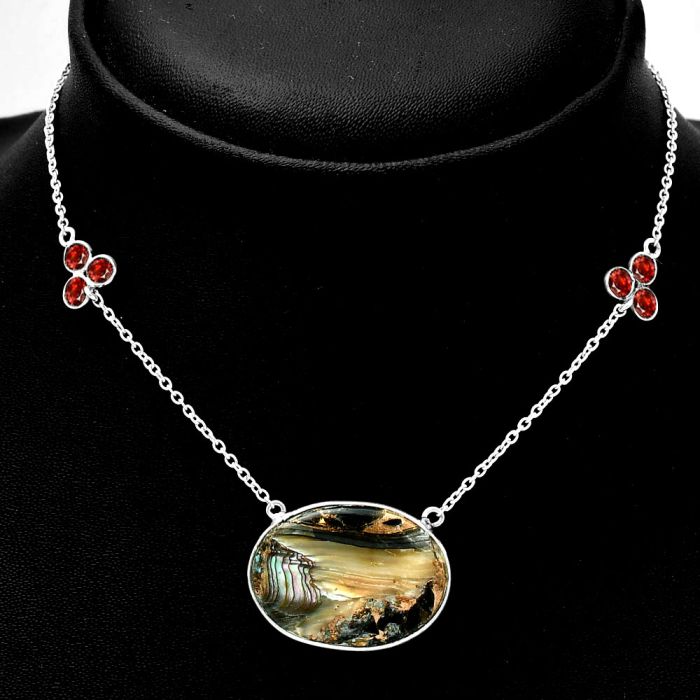 Copper Abalone Shell and Garnet Necklace SDN1716 N-1002, 19x26 mm