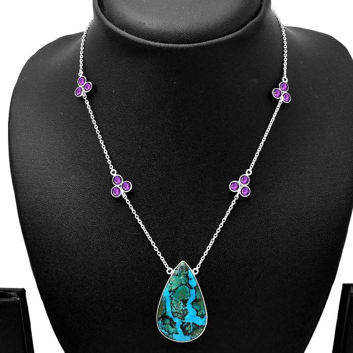 Azurite In Malachite and Amethyst Necklace SDN1721 N-1004, 21x34 mm