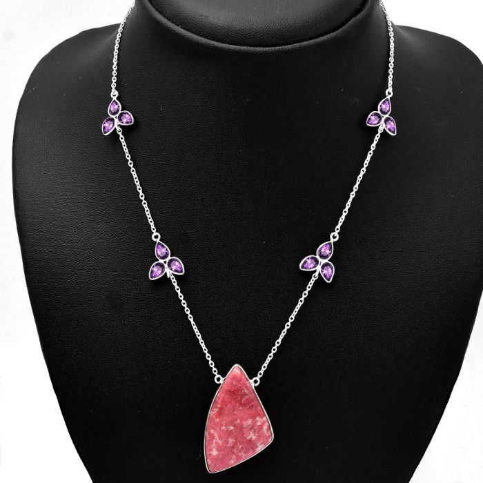 Pink Thulite and Amethyst Necklace SDN1741 N-1004, 21x35 mm
