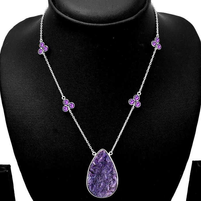 Siberian Charoite and Amethyst Necklace SDN1758 N-1004, 22x36 mm