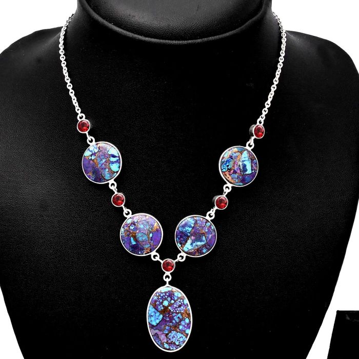 Kingman Purple Dahlia Turquoise and Garnet Necklace SDN1790 N-1022, 17x25 mm