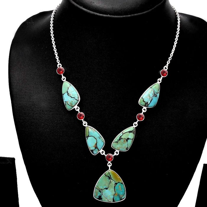 Lucky Charm Tibetan Turquoise and Garnet Necklace SDN1792 N-1022, 23x23 mm