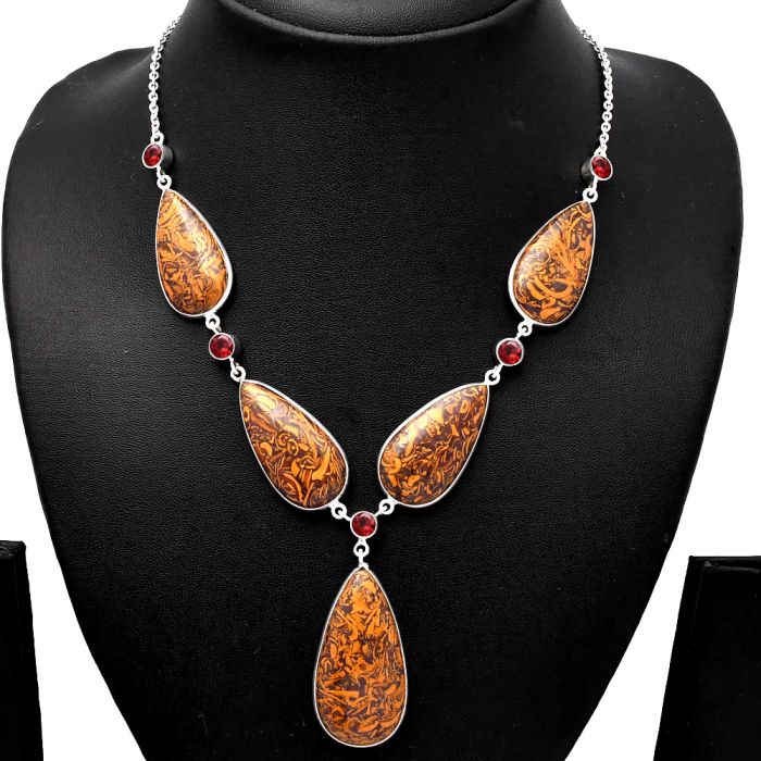 Coquina Fossil Jasper and Garnet Necklace SDN1794 N-1022, 19x36 mm