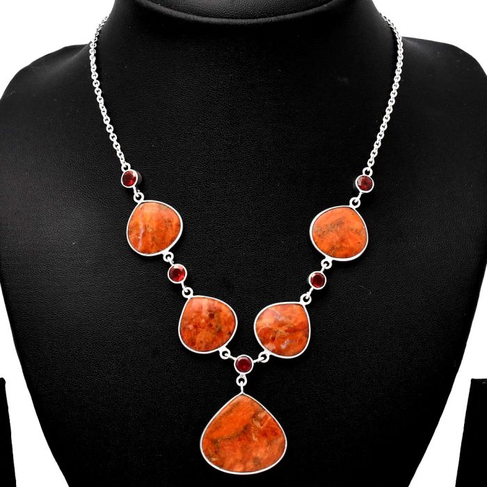 Red Sponge Coral and Garnet Necklace SDN1819 N-1022, 22x24 mm