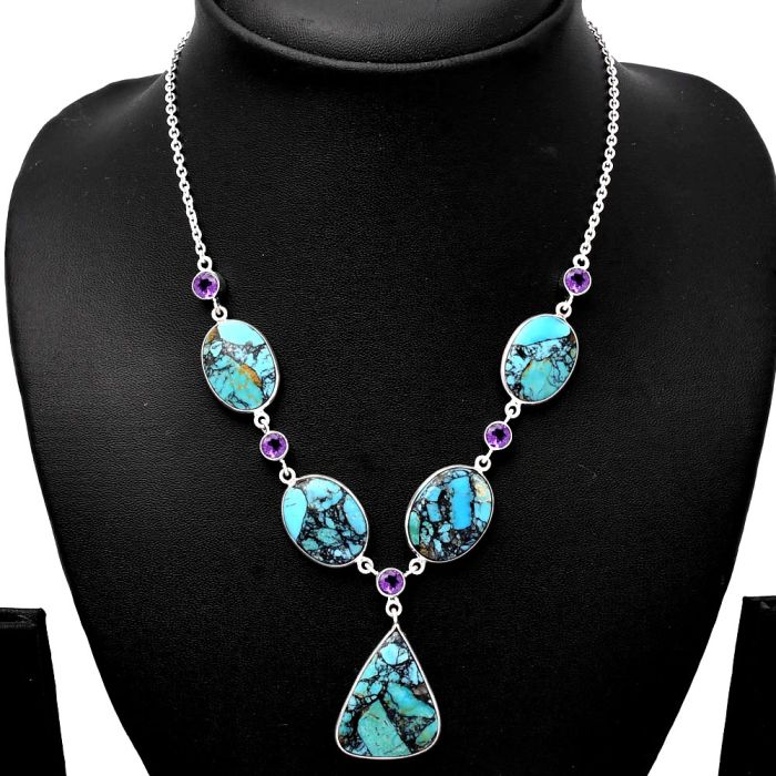 Lucky Charm Tibetan Turquoise and Amethyst Necklace SDN1822 N-1022, 19x25 mm