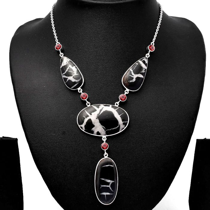 Black Septarian and Garnet Necklace SDN1831 N-1023, 24x39 mm
