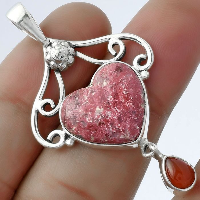 Valentine Gift Heart Pink Thulite - Norway & Carnelian Pendant SDP103196 P-1316, 16x17 mm