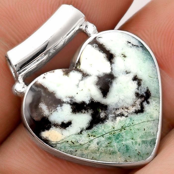 Heart Dendritic Chrysoprase - Africa 925 Sterling Silver Pendant Jewelry SDP106128 P-1259, 20x21 mm
