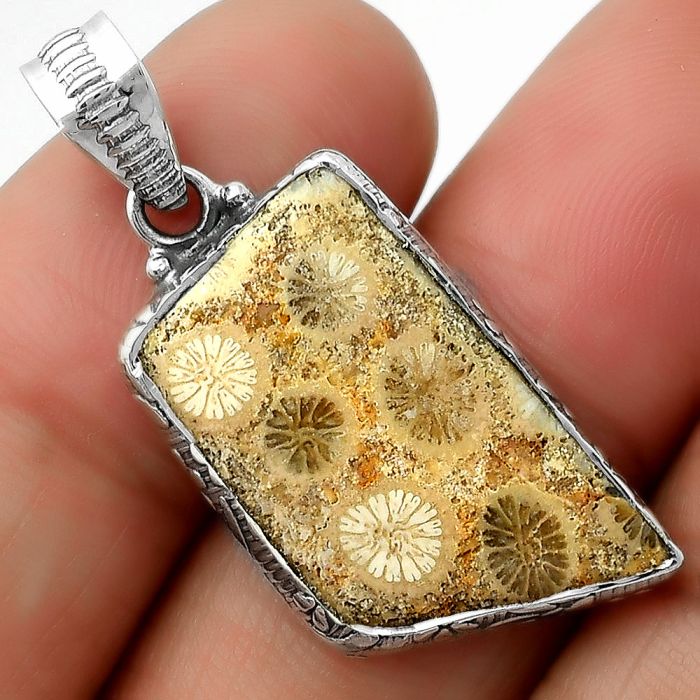 Natural Flower Fossil Coral Pendant SDP111916 P-1082, 13x23 mm