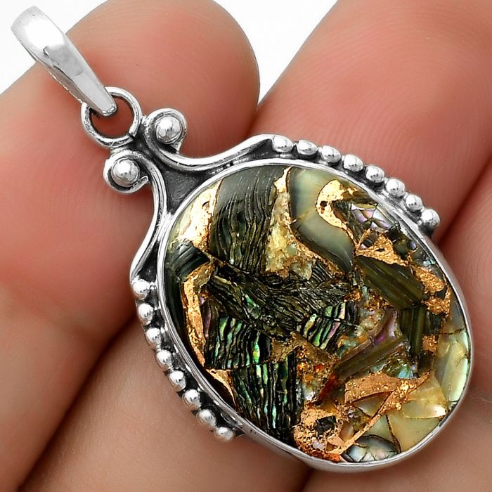 Natural Copper Abalone Shell Pendant SDP112197 P-1089, 17x22 mm