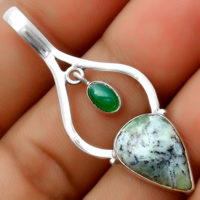 Dendritic Chrysoprase - Africa & Green Onyx 925 Silver Pendant Jewelry SDP113685 P-1648, 10x16 mm