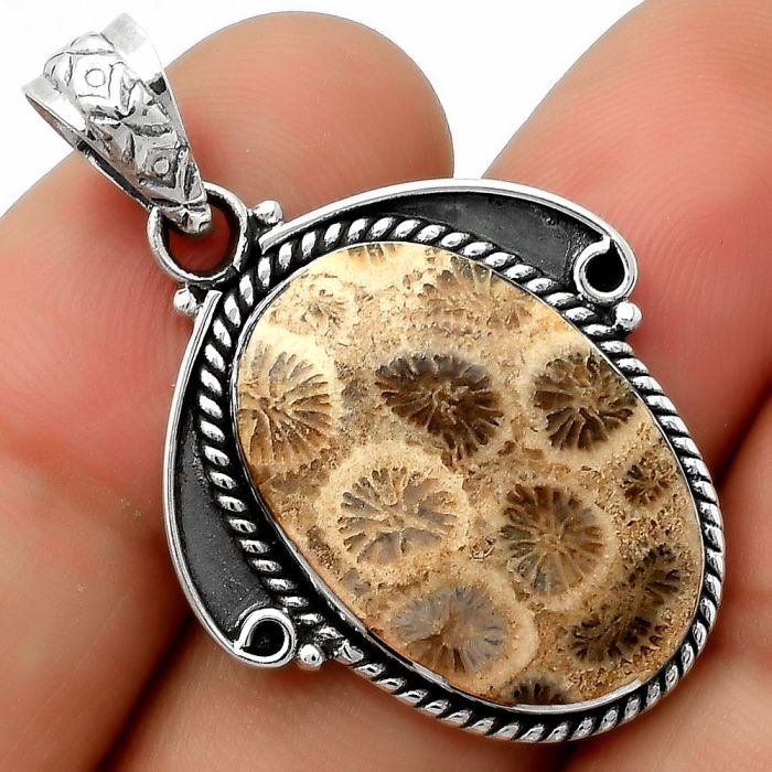 Natural Flower Fossil Coral Pendant SDP114326 P-1091, 15x22 mm