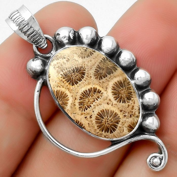 Natural Flower Fossil Coral Pendant SDP114339 P-1022, 13x21 mm