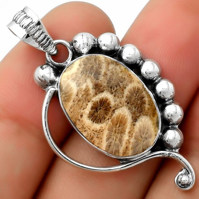 Natural Flower Fossil Coral Pendant SDP114374 P-1022, 13x19 mm