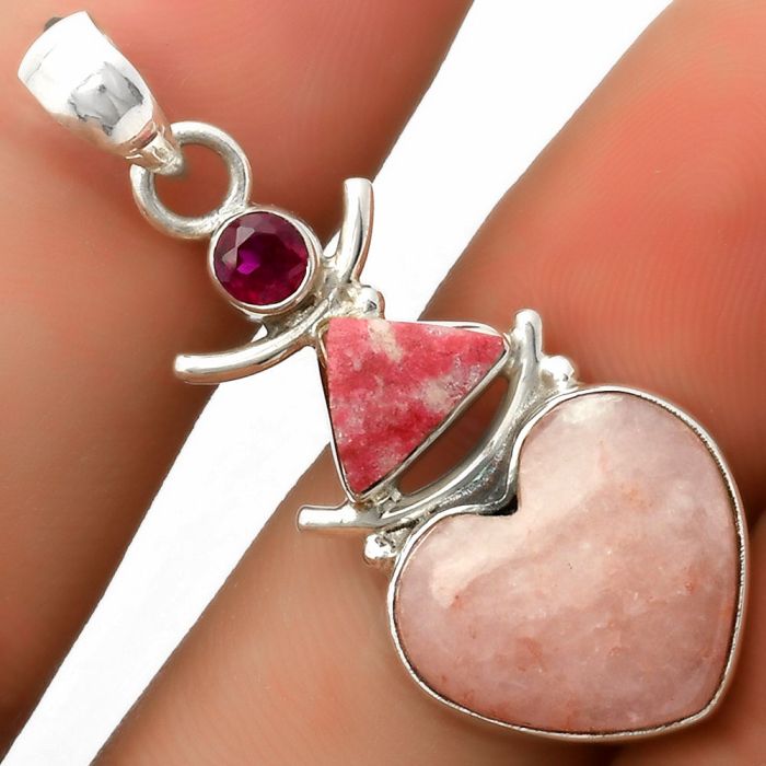 Valentine Gift Heart Pink Scolecite, Pink Thulite & Garnet Pendant SDP114802 P-1593, 14x16 mm