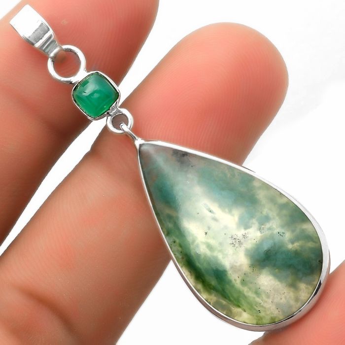 Dendritic Chrysoprase - Africa & Green Onyx 925 Silver Pendant Jewelry SDP114999 P-1098, 17x31 mm