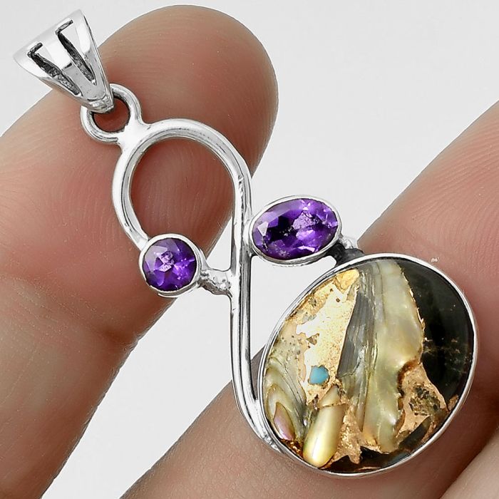 Natural Copper Abalone Shell & Amethyst Pendant SDP115555 P-1027, 13x16 mm