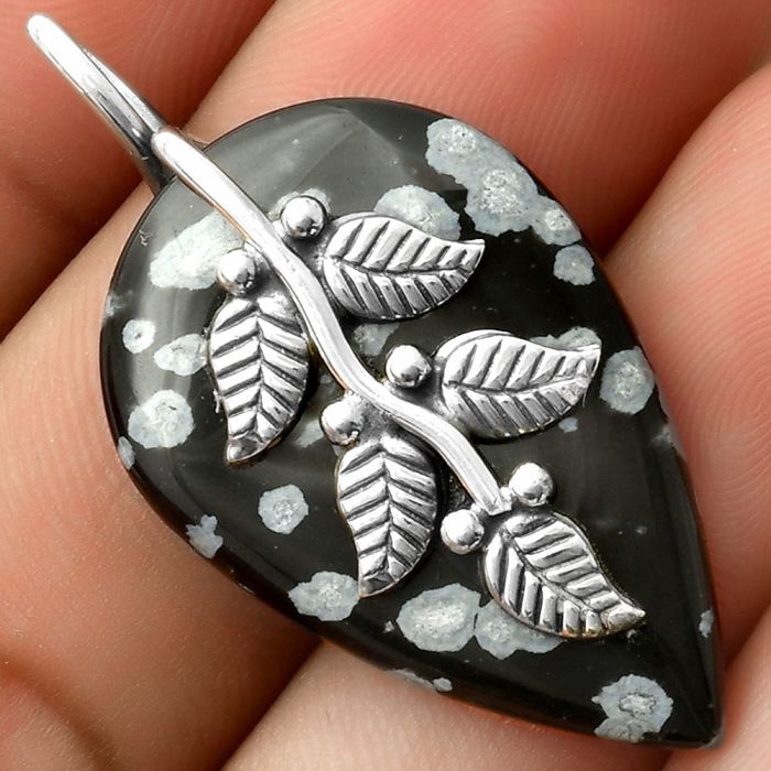Leaves - Natural Snow Flake Obsidian Pendant SDP117261 P-1291, 21x32 mm