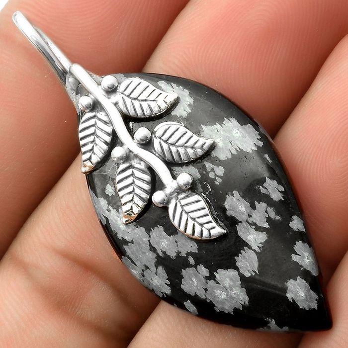 Leaves - Natural Snow Flake Obsidian Pendant SDP117275 P-5163, 12x40 mm