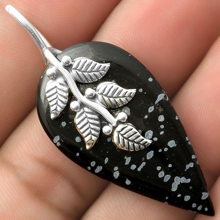 Leaves - Natural Snow Flake Obsidian Pendant SDP117280 P-5163, 21x39 mm