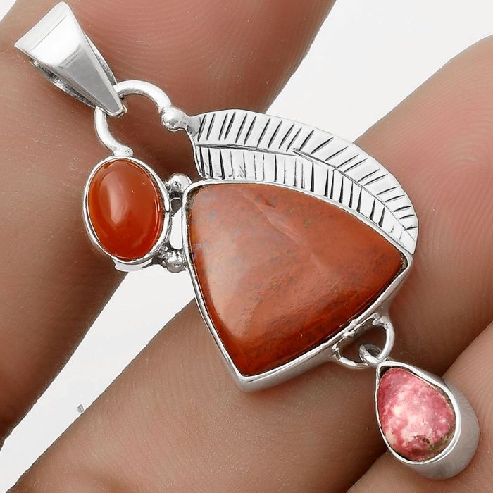 Natural Red Moss Agate, Carnelian & Pink Thulite Pendant SDP118757 P-5286, 14x16 mm